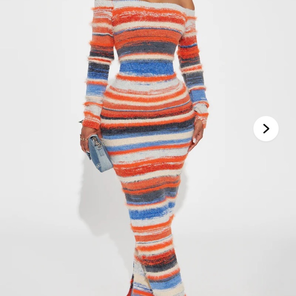 Off-Shoulder Long Sleeve Striped Knit Maxi Dress in Orange & Blue
